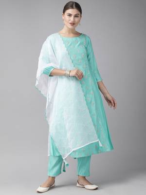 Indo Era Sea Green Embroidered A-line Kurta Trouser With Dupatta Set 1