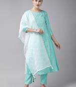 Indo Era Sea Green Embroidered A-line Kurta Trouser With Dupatta Set