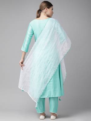 Indo Era Sea Green Embroidered A-line Kurta Trouser With Dupatta Set 2