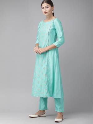 Indo Era Sea Green Embroidered A-line Kurta Trouser With Dupatta Set 3