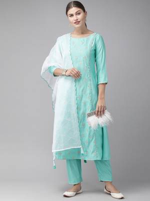 Indo Era Sea Green Embroidered A-line Kurta Trouser With Dupatta Set 4