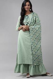 Indo Era Sea Green Embroidered Straight Kurta Sharara With Dupatta Set