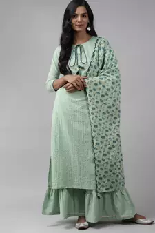 Indo Era Sea Green Embroidered Straight Kurta Sharara With Dupatta Set