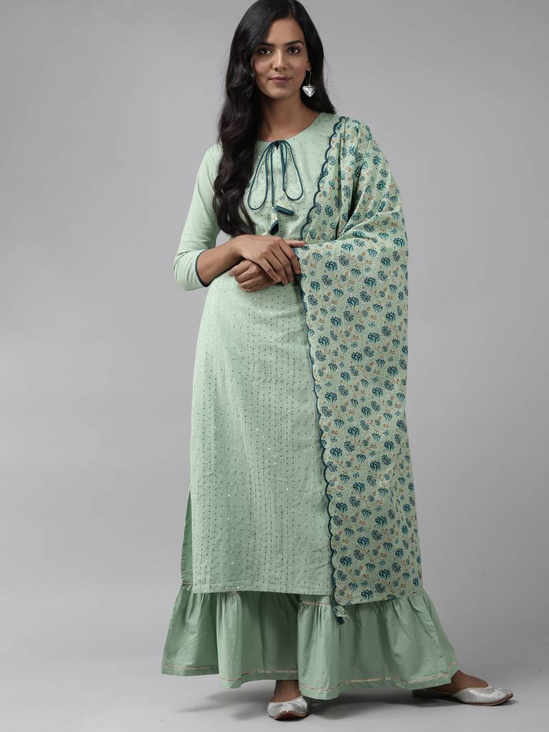 Indo Era Sea Green Embroidered Straight Kurta Sharara With Dupatta Set