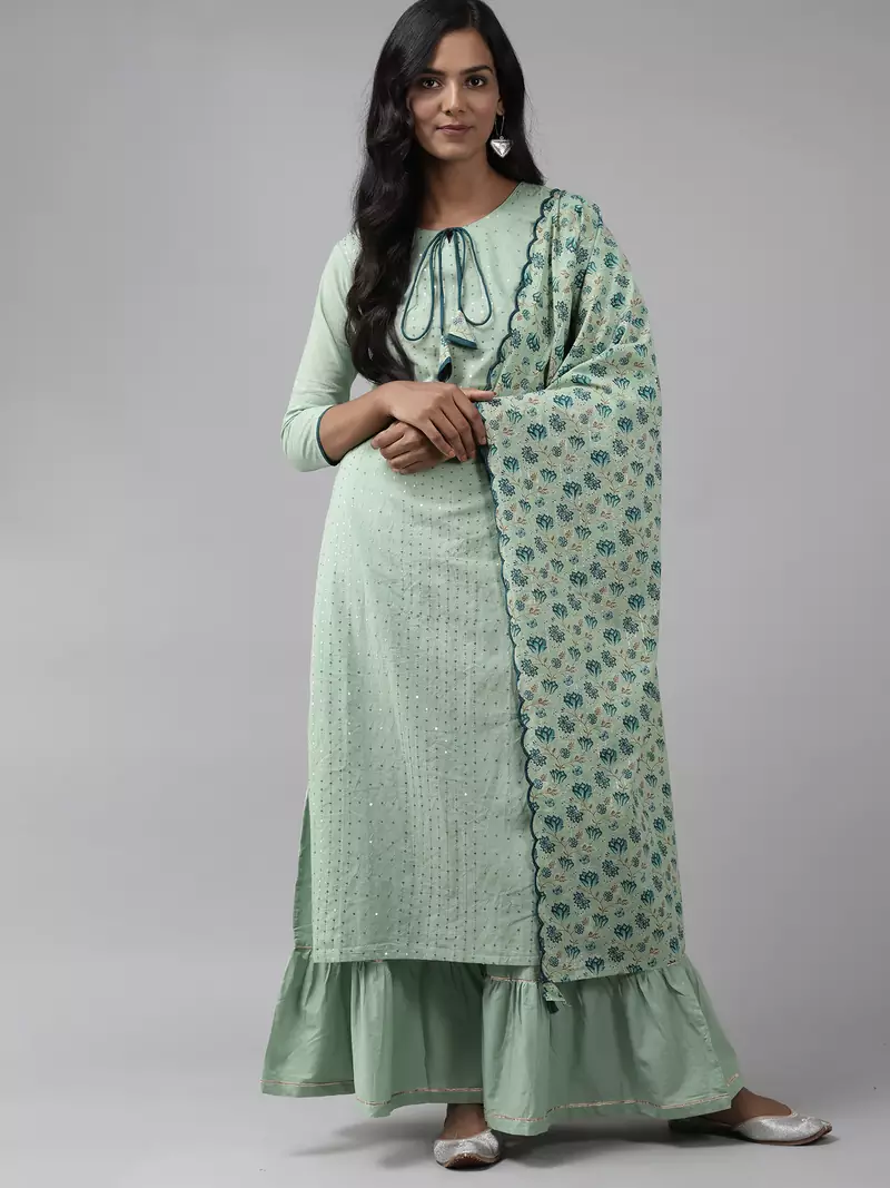 Indo Era Sea Green Embroidered Straight Kurta Sharara With Dupatta Set