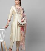 Indo Era Off White Embroidered Straight Kurta Trouser With Dupatta Set