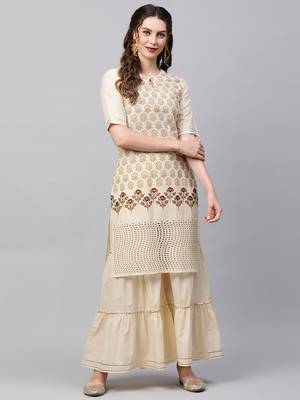 Indo Era Cream Foil Printed Straight Kurta Sharara Set 1