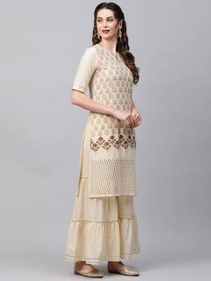 Indo Era Cream Foil Printed Straight Kurta Sharara Set 3