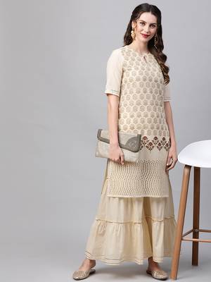 Indo Era Cream Foil Printed Straight Kurta Sharara Set 4