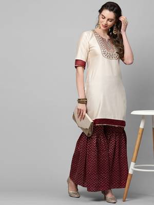 Indo Era Off White Embroidered Straight Kurta Sharara Set 1