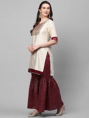 Indo Era Off White Embroidered Straight Kurta Sharara Set 3