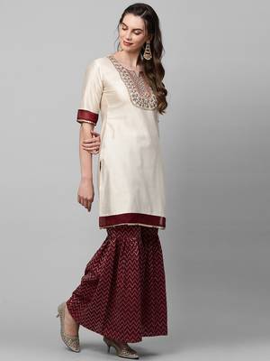 Indo Era Off White Embroidered Straight Kurta Sharara Set 4