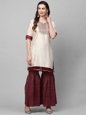 Indo Era Off White Embroidered Straight Kurta Sharara Set 5