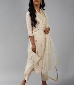 Indo Era Off White Floral Embroidered Straight Kurta Palazzo Dupatta Set