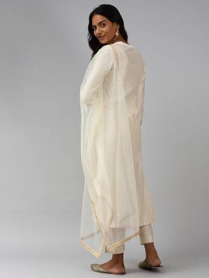 Indo Era Off White Floral Embroidered Straight Kurta Palazzo Dupatta Set 2
