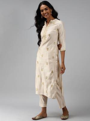 Indo Era Off White Floral Embroidered Straight Kurta Palazzo Dupatta Set 3