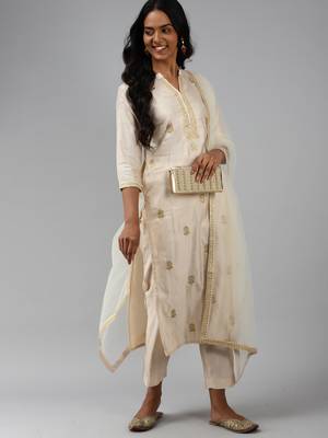 Indo Era Off White Floral Embroidered Straight Kurta Palazzo Dupatta Set 4