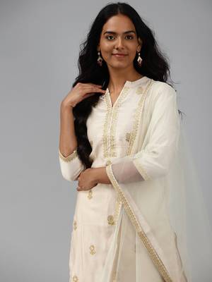Indo Era Off White Floral Embroidered Straight Kurta Palazzo Dupatta Set 5