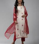 Indo Era Off White Floral Embroidered Straight Kurta Palazzo Dupatta Set