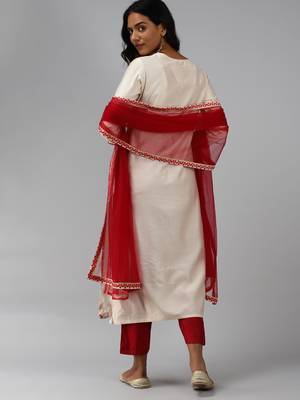 Indo Era Off White Floral Embroidered Straight Kurta Palazzo Dupatta Set 2