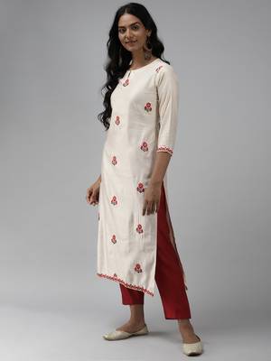 Indo Era Off White Floral Embroidered Straight Kurta Palazzo Dupatta Set 3