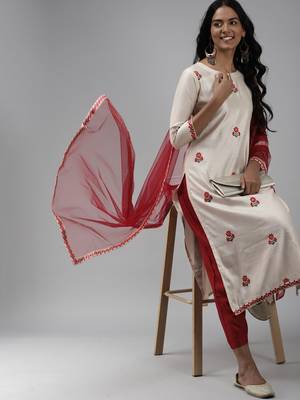 Indo Era Off White Floral Embroidered Straight Kurta Palazzo Dupatta Set 4