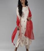 Indo Era Off White Floral Embroidered A-line Kurta Trouser With Dupatta Set