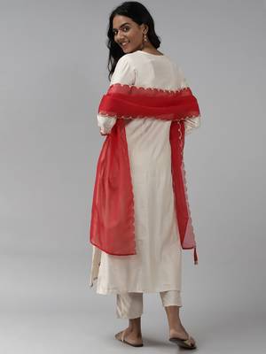 Indo Era Off White Floral Embroidered A-line Kurta Trouser With Dupatta Set 2