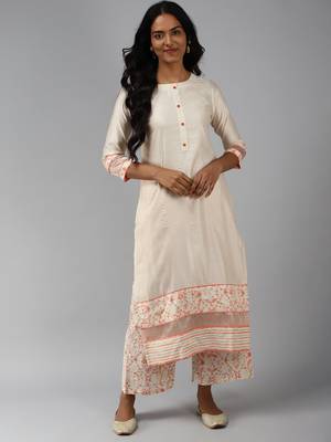 Indo Era Off White Solid Kurta Palazzo Set 1