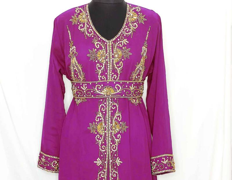 purple Moroccan Kaftan With Sun-proof hijab.