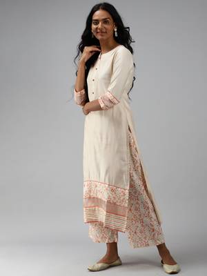 Indo Era Off White Solid Kurta Palazzo Set 3
