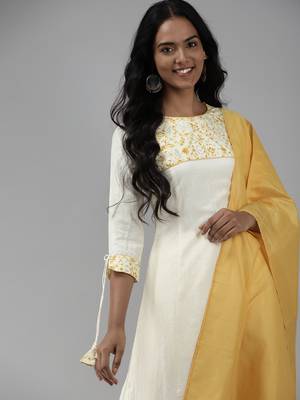 Indo Era Off White Floral Printed A-line Kurta Palazzo With Dupatta Set 4
