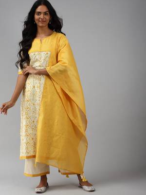 Indo Era Off White Floral Printed Straight Kurta Palazzo With Dupatta Set 1