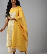 Indo Era Off White Floral Printed Straight Kurta Palazzo With Dupatta Set