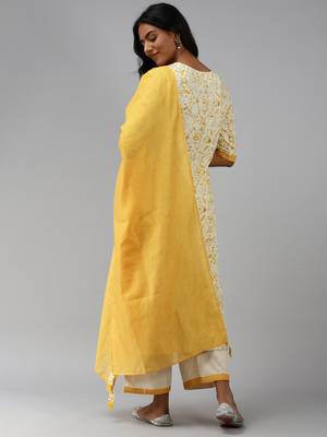 Indo Era Off White Floral Printed Straight Kurta Palazzo With Dupatta Set 2