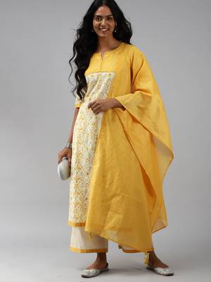 Indo Era Off White Floral Printed Straight Kurta Palazzo With Dupatta Set 4