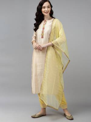 Indo Era Off White Embroidered Straight Kurta Palazzo With Dupatta Set 1