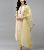 Indo Era Off White Embroidered Straight Kurta Palazzo With Dupatta Set