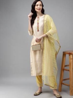 Indo Era Off White Embroidered Straight Kurta Palazzo With Dupatta Set 4