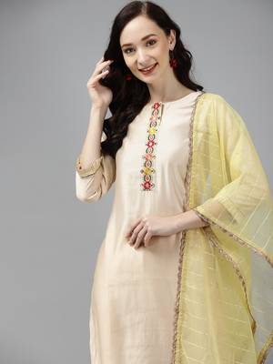 Indo Era Off White Embroidered Straight Kurta Palazzo With Dupatta Set 5