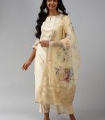 Indo Era Off White Solid Straight Kurta Trouser With Dupatta Set