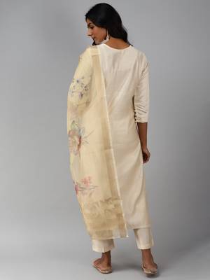Indo Era Off White Solid Straight Kurta Trouser With Dupatta Set 2