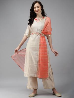 Indo Era Off White Embroidered Straight Kurta Palazzo With Dupatta Set 1