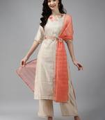 Indo Era Off White Embroidered Straight Kurta Palazzo With Dupatta Set