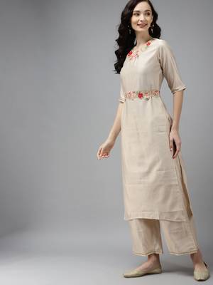 Indo Era Off White Embroidered Straight Kurta Palazzo With Dupatta Set 3