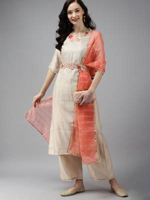 Indo Era Off White Embroidered Straight Kurta Palazzo With Dupatta Set 4