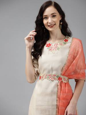 Indo Era Off White Embroidered Straight Kurta Palazzo With Dupatta Set 5