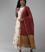 Indo Era Off White Embroidered Straight Kurta Trouser With Dupatta Set