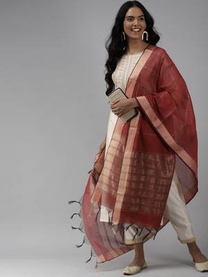 Indo Era Off White Embroidered Straight Kurta Trouser With Dupatta Set 5