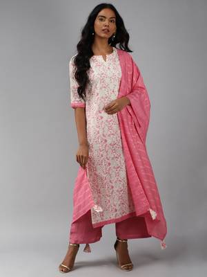 Indo Era Off White Floral Printed Straight Kurta Palazzo With Dupatta Set 1